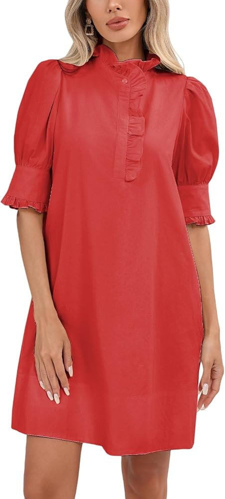 Women's Puff Short Sleeve Stand Ruffle Collar Summer Dress Casual A Line Shift Mini Dress with Po... | Amazon (US)