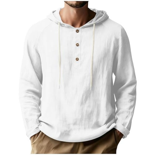 Mens Linen Shirts Long Sleeve Henley Casual Lightweight Cotton Hoodie Top Summer Fashion Loose Beach Vacation Clothes Linen Dress Shirt Men White L | Amazon (US)