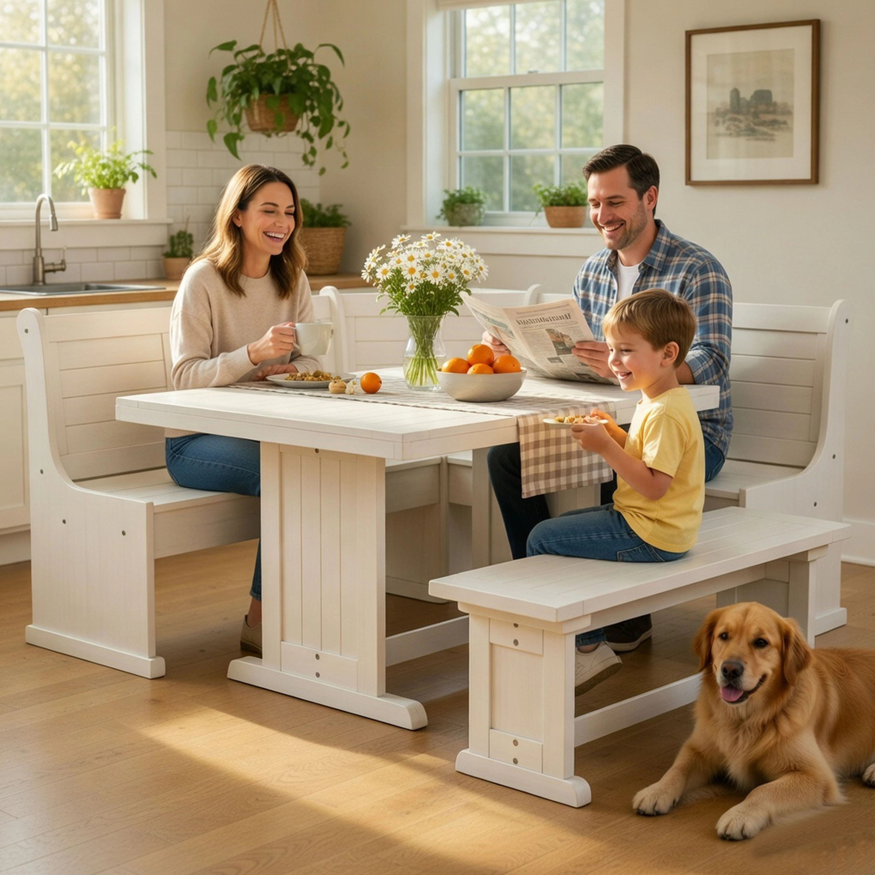 Benzara Sime 4-Piece Rectangle White Wood Top Trestle Dining Table Set Seats 4 Marble one_size | BM325194 | Lowe's