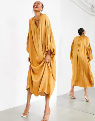 ASOS EDITION oversized maxi dress with blouson sleeve in caramel | ASOS | ASOS (Global)