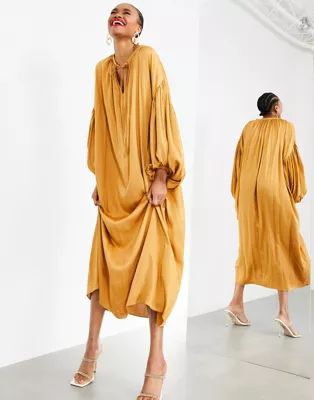 ASOS EDITION oversized maxi dress with blouson sleeve in caramel | ASOS (Global)