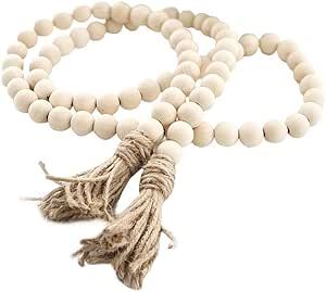 Farmhouse Beads 58in Wood Bead Garland with Tassels Rustic Country Decor Prayer Boho Beads Big Wa... | Amazon (US)