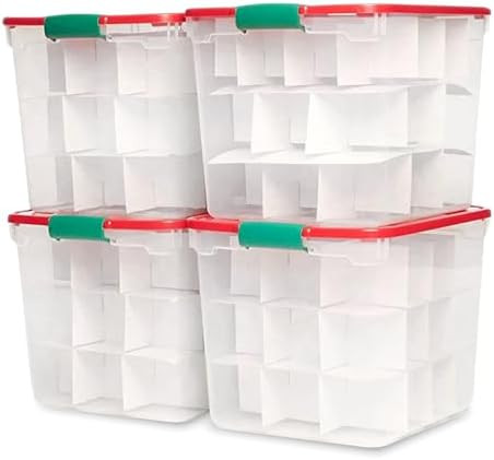 HOMZ 4-Pack Holiday Tote, Clear Plastic Storage Bins w/ Lids & Dividers, 31 Quart, Red - Stackabl... | Amazon (US)