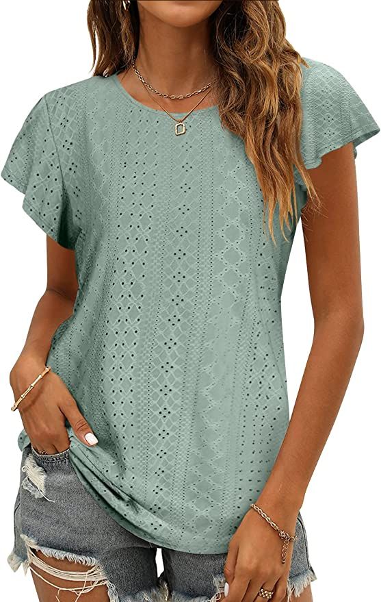 Womens Tops Summer Ruffle Sleeve Crew Neck Tshirts Loose Fit Casual Cute Top Blouses | Amazon (US)