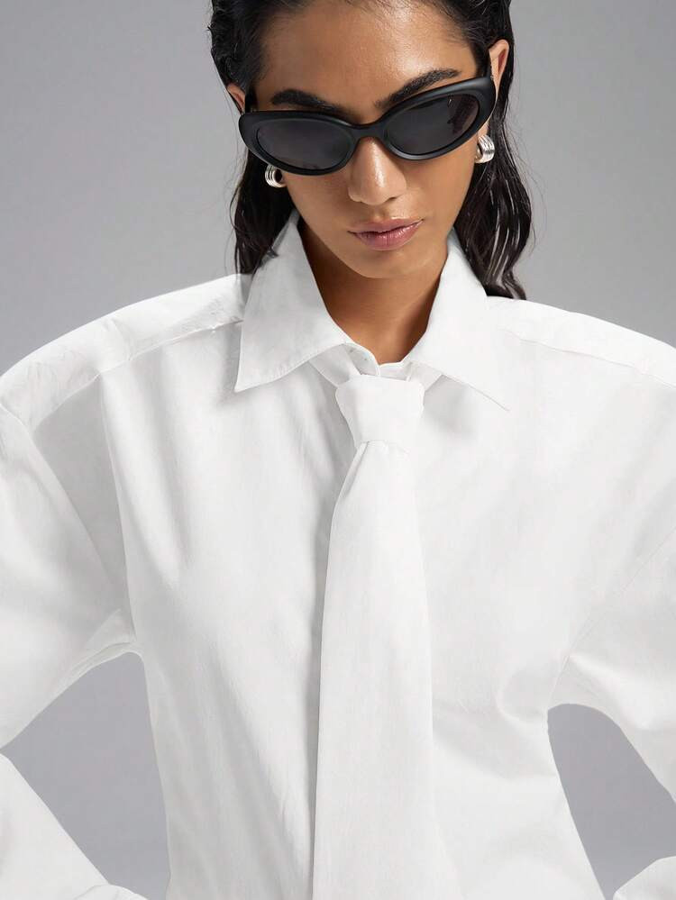 TrendsLYSMO 2025 New Minimalist  Oversized Shoulder Pad Tie Collar Long Sleeve Belted Shirt | SHEIN
