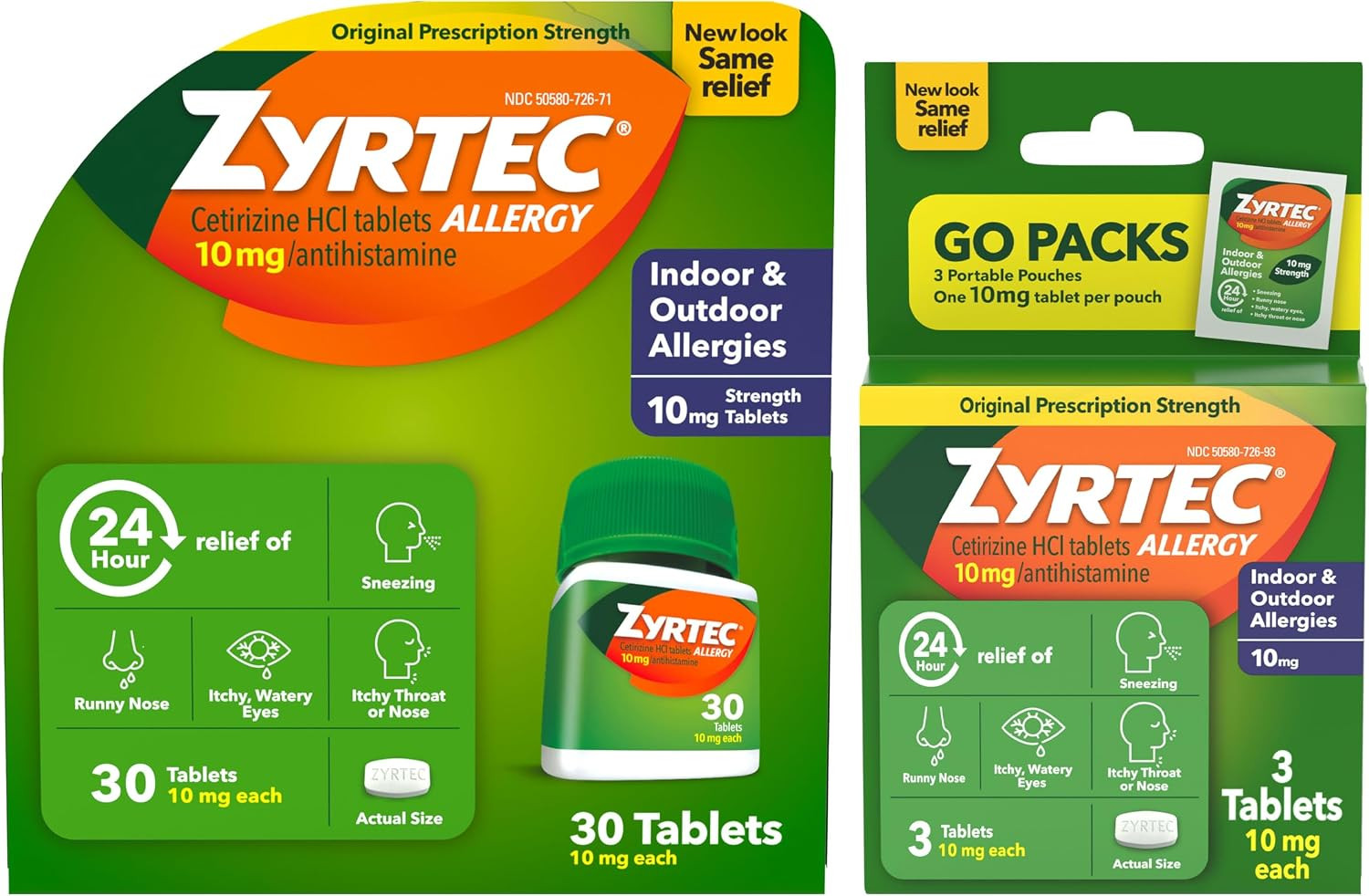 Zyrtec 24-Hour Allergy Relief Tablets, 30-Ct Size Plus 3x1-Count Packs | Amazon (US)