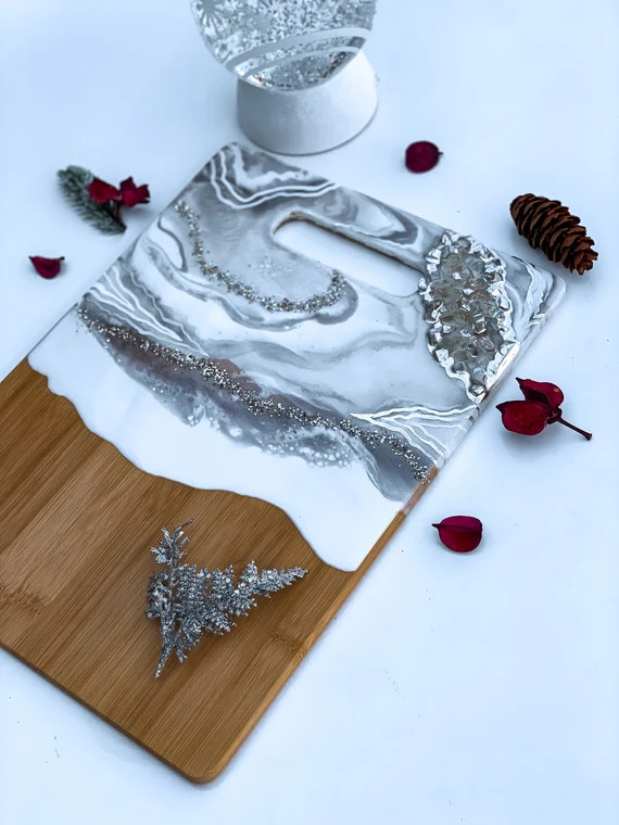 White and Silver Crystal Resin Board | Charcuterie | Wood Serving Board with Handle | Cheese Boar... | Etsy (US)