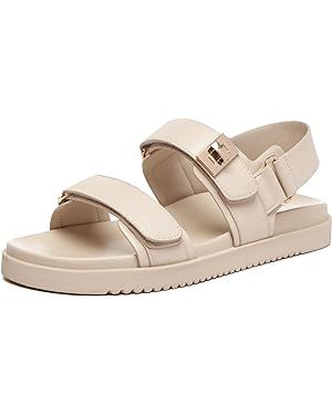 Women's Flat Sandals Comfort Adjustable Double Strap Slip on Leather Footbed Sandals | Amazon (US)