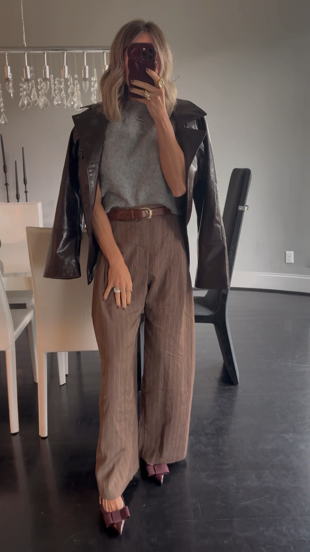 Fall work outfit inspo featuring some of my fav trends, including this burgundy jacket, chocolate brown pants, and burgundy shoes. All from Zara!

SIZING
jacket: small
gray sweater: small
pants: extra small
shoes: 6

#LTKOver40 #LTKSeasonal #LTKStyleTip