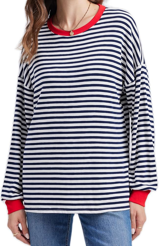 ANYFITTING Striped Color Block Long Sleeves Casual Blouse Tunic Shirt Top Fall Oversized Pullover... | Amazon (US)