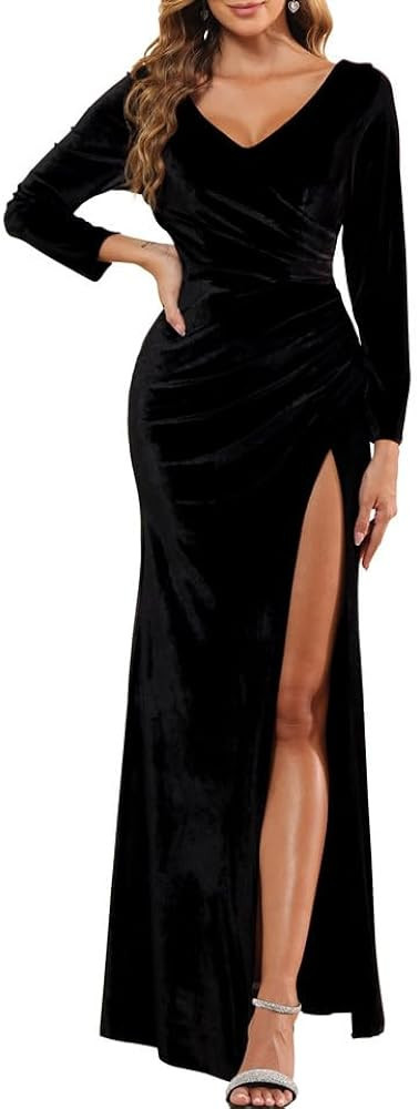 Dafodis Long Sleeve V Neck Velvet Dress for Women Wedding Guest Formal Cocktail Evening Party Lon... | Amazon (US)