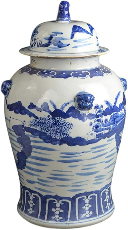 19" Antique Like Finish Blue and White Ginger Jars Porcelain Temple Ceramic Ginger Jar Vase, Anti... | Amazon (US)