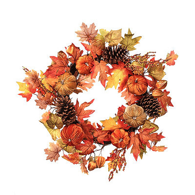 Velvet Pumpkin and Harvest Leaves Wreath | Kirkland's Home