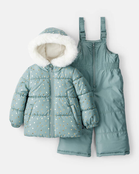 Toddler Girl 2-Piece Polka Dot Hooded Snowsuit Jacket & Bib Set - Green | Carter's Inc