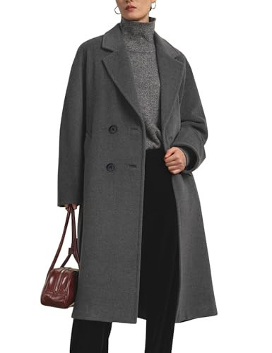 Flygo Womens Long Pea Coat Notch Lapel Double Breasted Trench Coat Fall Winter Overcoat Long Jacket(Grey-M) | Amazon (US)