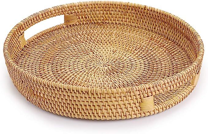 Hipiwe Round Rattan Serving Tray with Handles, Hand-Woven Decorative Organizer Tray for Storage B... | Amazon (US)