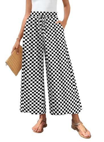 Bestbee Womens Plus Size Palazzo Pants Dressy Casual Wide Leg Trouser Elastic High Waist Business Slacks with Pockets, 2XL, Black and White Square | Amazon (US)