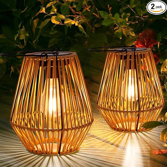 Solar Lantern,2 Pack Solar Wicker Lanterns Outdoor Waterproof Boho Lights for Outside Hanging Rat... | Amazon (US)