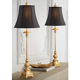 Juliette Bright Gold Black Shade Buffet Table Lamp Set of 2 | www.lampsplus.com | Lamps Plus