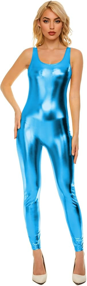 YgneeDom Women Shiny Metallic Tank Unitards Full Body One Piece Sleeveless Bodysuit for Dance Cos... | Amazon (US)