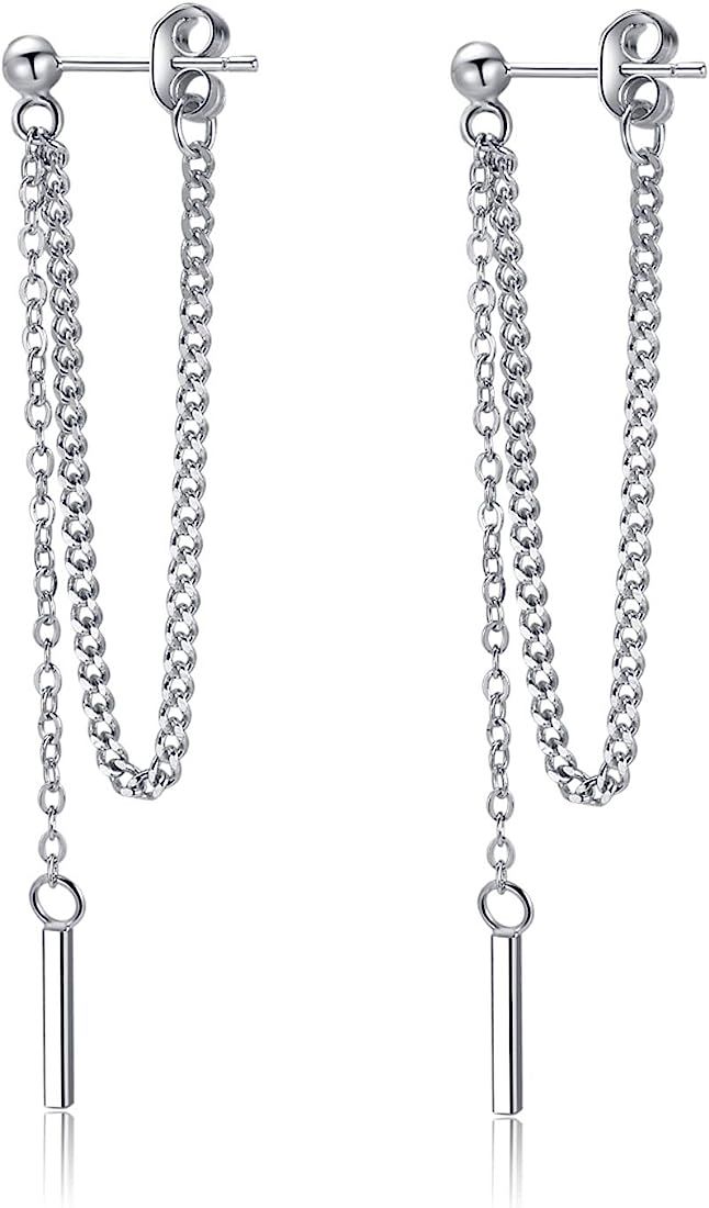 SLUYNZ 925 Sterling Silver Bar Dangle Earrings for Women Teen Girls Threader Earrings Chain | Amazon (US)