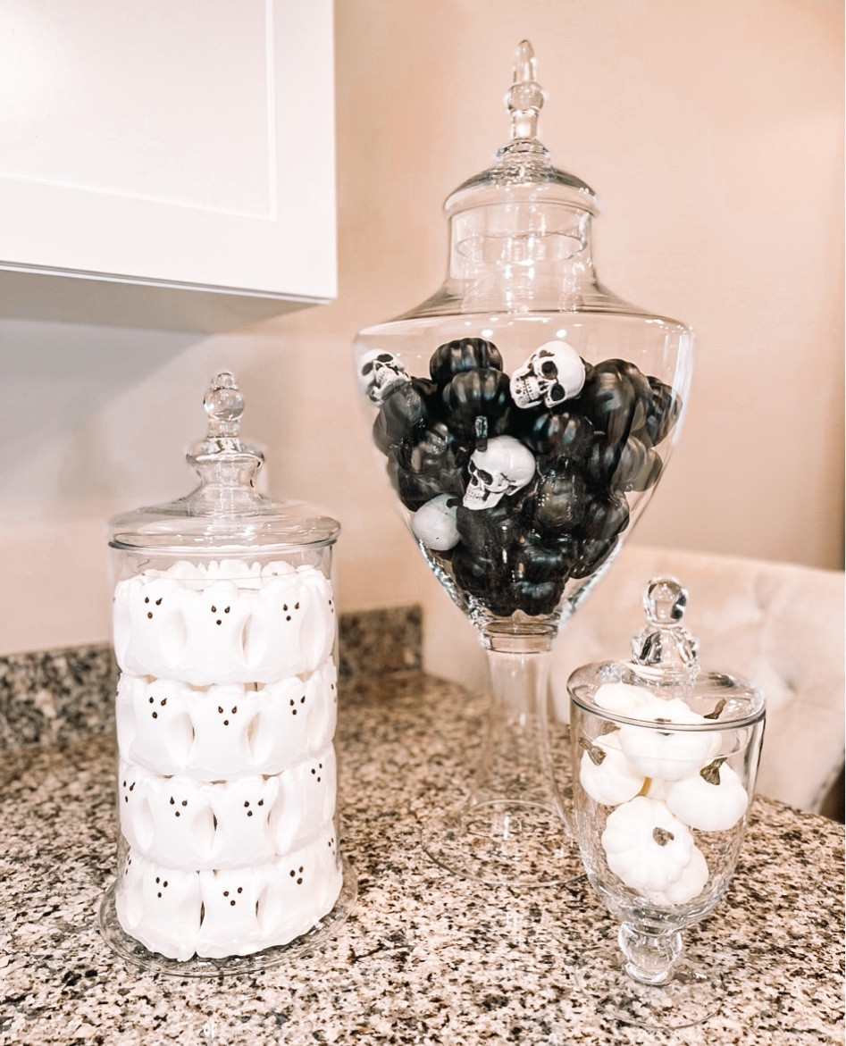 Apothecary Jars, Mini Skulls, Mini Black Pumkins, Mini White Pumpkins, White Ghost Marshmallows, Halloween bar cart

#LTKSeasonal #LTKhome #LTKstyletip