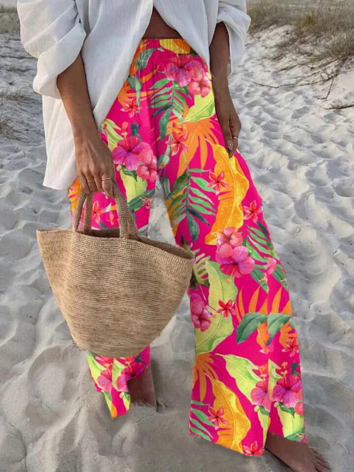 SHEIN VCAY Tropische Planten- En Hibiscusbloemprint Voor Dames, Casual Palazzobroek, Vakantiestijl, Geschikt Voor Zomer En Vakantie | SHEIN