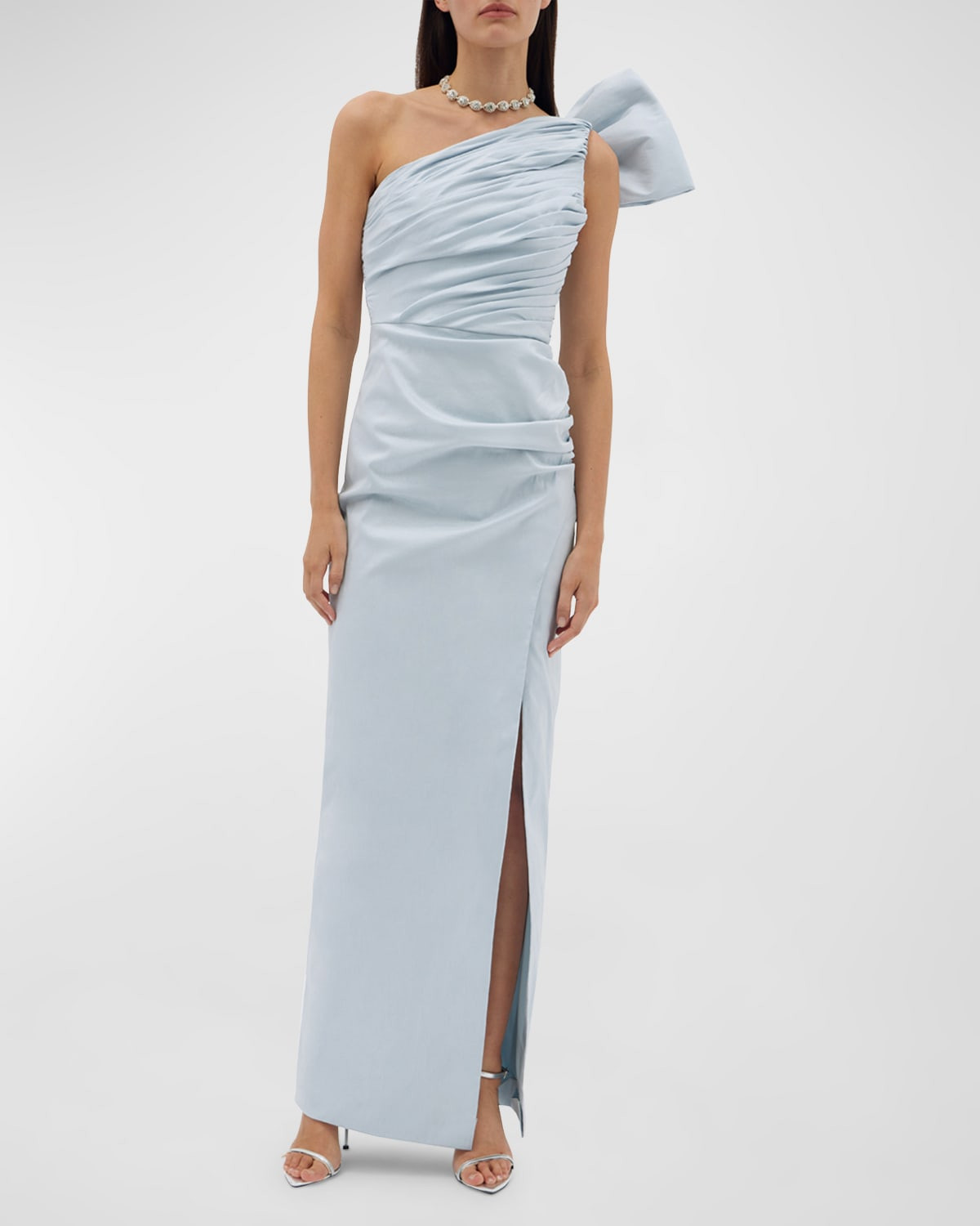 Olive Pleated Draped One-Shoulder Bow Side-Slit Gown | Neiman Marcus
