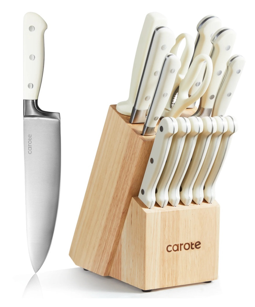 14 Pieces Knife Set with Wooden Block 
Great reviews and price! 

Stainless Steel Knives with Ergonomic Handle, Forged, White, Knife Set

#LTKHome