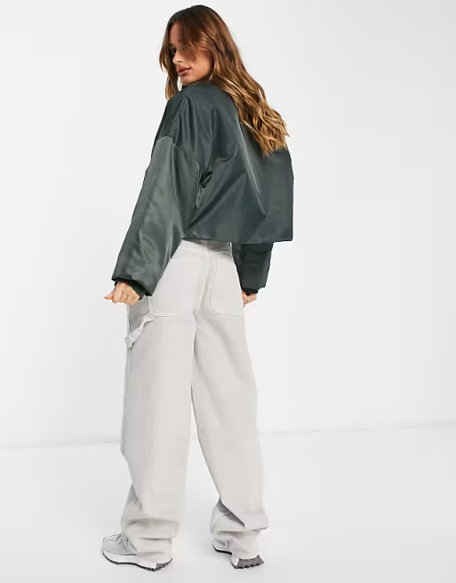 Topshop cropped collarless bomber jacket in dark green | ASOS (Global)