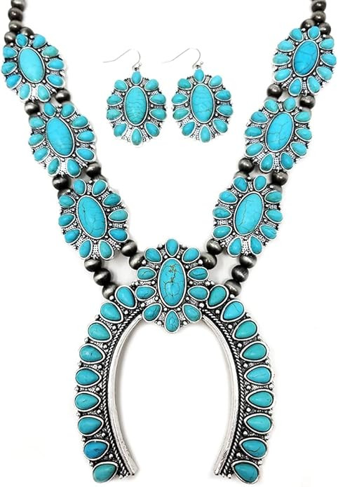 Chunky Western Squash Blossom Statement 30"+3 Ext Necklace and Earrings Set Navajo Pearl (Turquoi... | Amazon (US)
