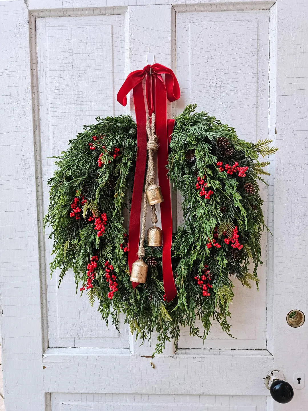 Rustic Christmas Wreath With Gold Bells, Cascading Real Touch Cedar W/ Mixed Evergreens, Red Ribb... | Etsy (US)