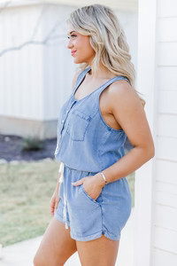 Walking Away Navy Chambray Romper | Pink Lily