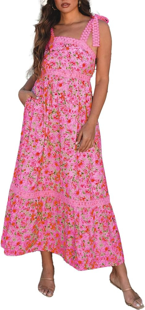 Womens Casual Dress Sleeveless Lace Tie Strap Square Neck Empire Waist A Line Maxi Dress for Spri... | Amazon (US)