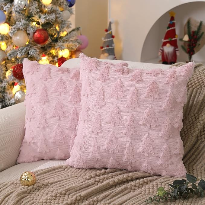 DFXSZ Christmas Tree Pillow Covers 18x18 inch Set of 2 Christmas Decoration Pink Soft Plush Faux ... | Amazon (US)
