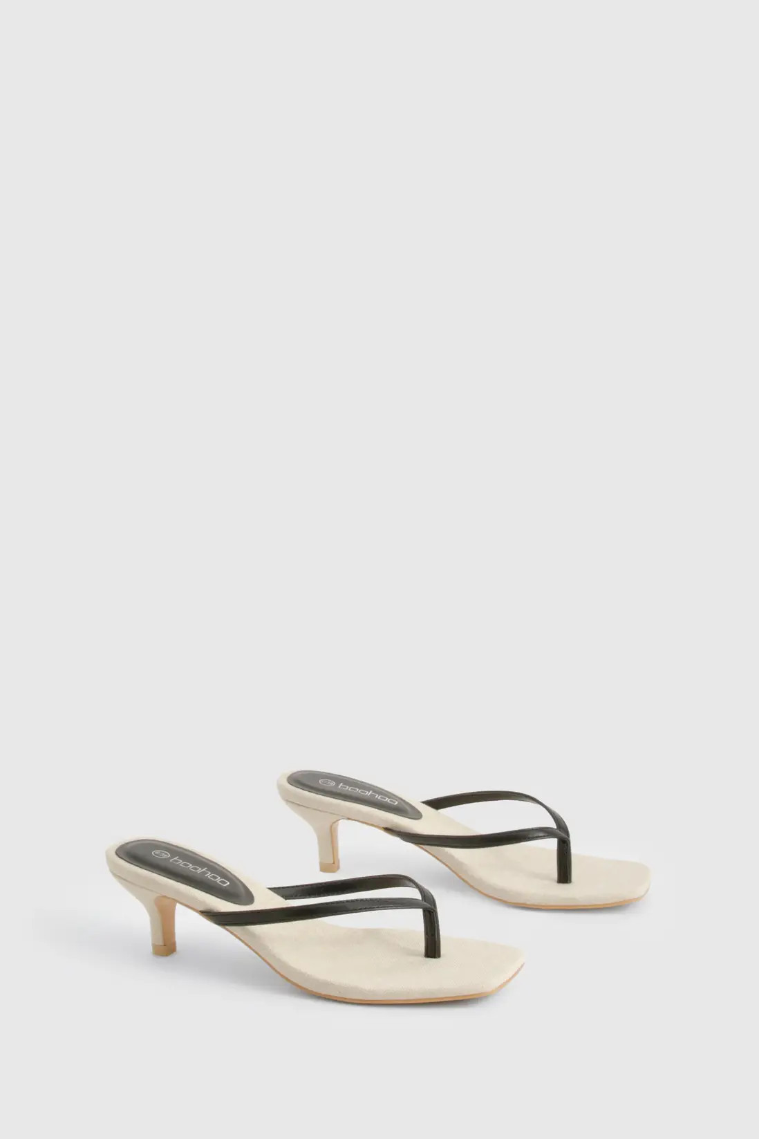 Black Linen Toe Post Low Heeled Mules | Boohoo | Boohoo.com (UK & IE)