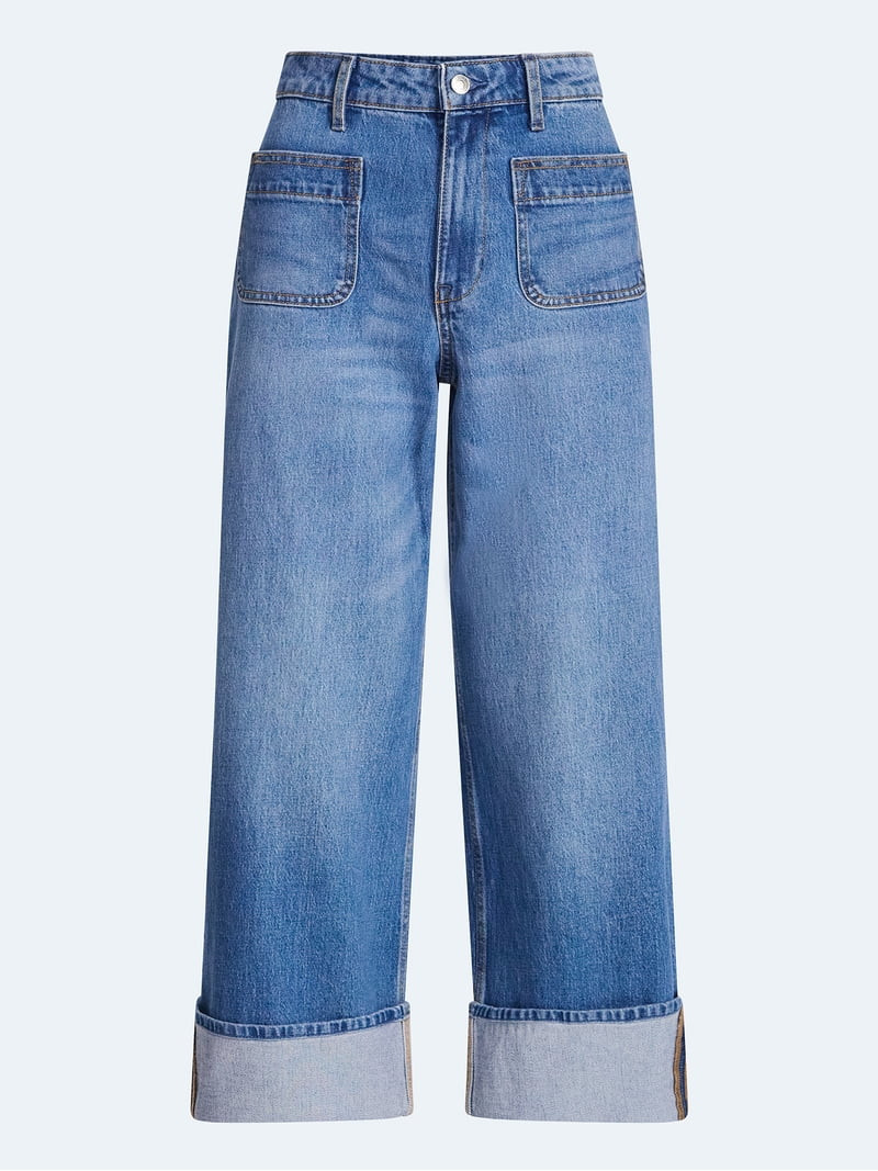 Free Assembly Women's High Rise Patch Pocket Cuffed Jeans, 26" Inseam, Sizes 0-18 | Walmart (US)