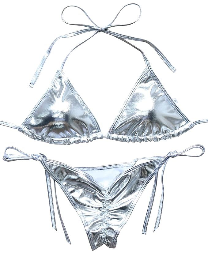 OMKAGI Ladies’ New Liquid String Bikini Metallic Thong Bathing Suit 2 Pieces Swimsuit | Amazon (US)