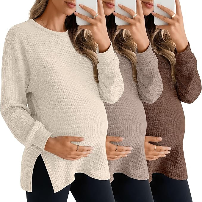 3 Pack Women's Maternity Shirts Long Sleeve Waffle Knit Side Split Oversized Tops Pregnancy Cloth... | Amazon (US)