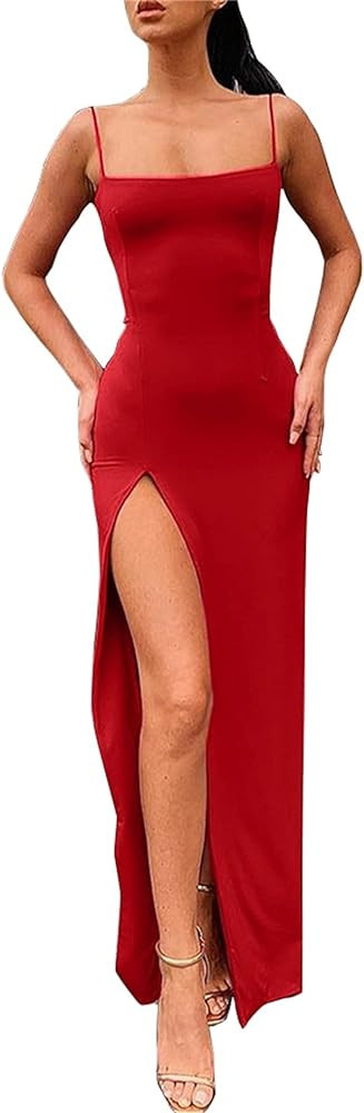 PRIMODA Women's Spaghetti Strap Backless Thigh-high Slit Bodycon Maxi Long Dress Club Party Dress | Amazon (US)