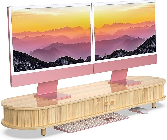 Bamboo Dual Monitor Stand with Storage, Curved Double Computer Laptop Stand Desk Shelf Organizer ... | Amazon (US)