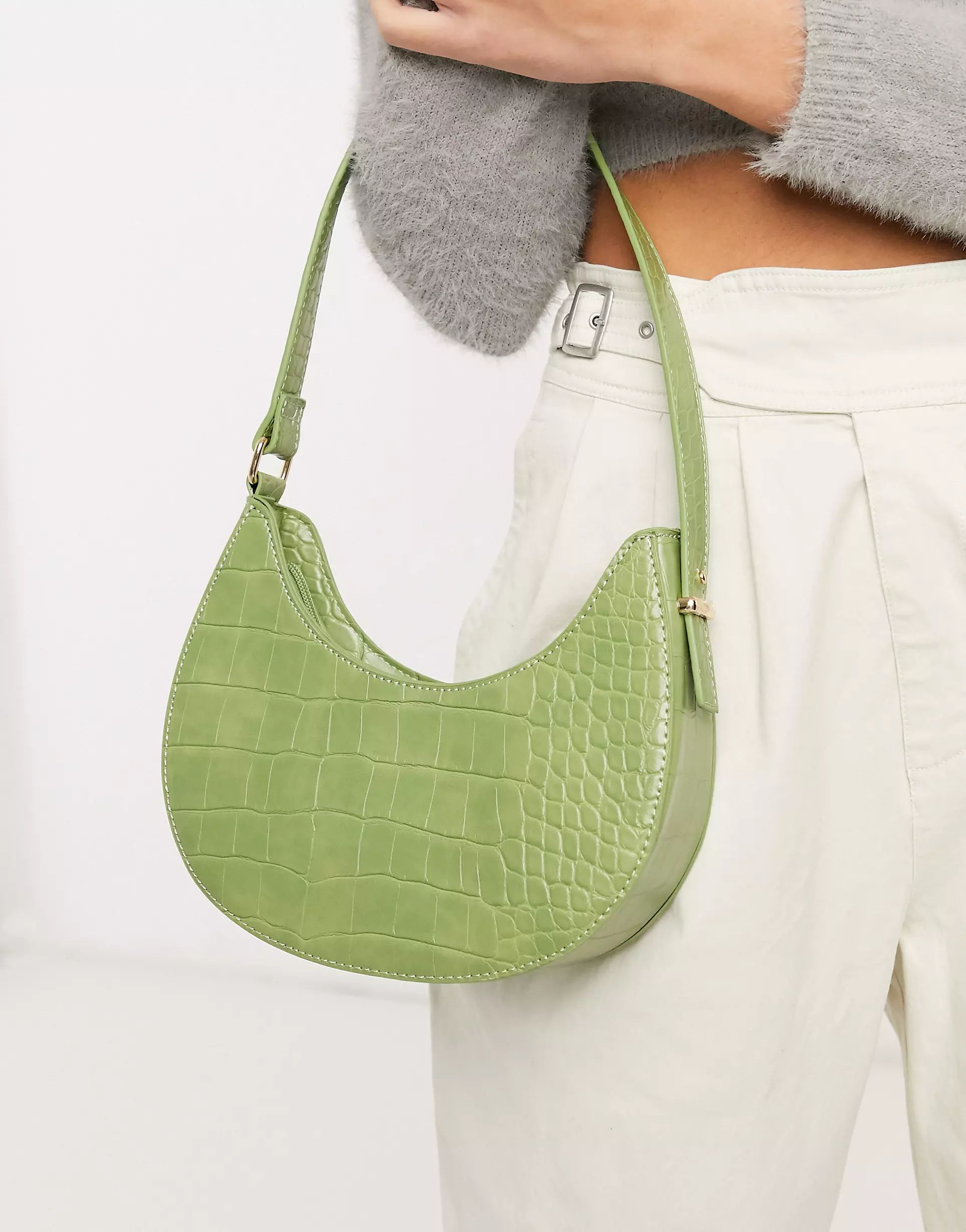 ASOS DESIGN curved shoulder bag in green croc with long strap | ASOS | ASOS (Global)