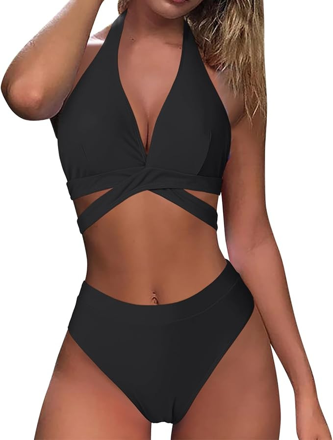 RUUHEE Women Criss Cross High Waisted String Floral Printed 2 Piece Bathing Suits | Amazon (US)