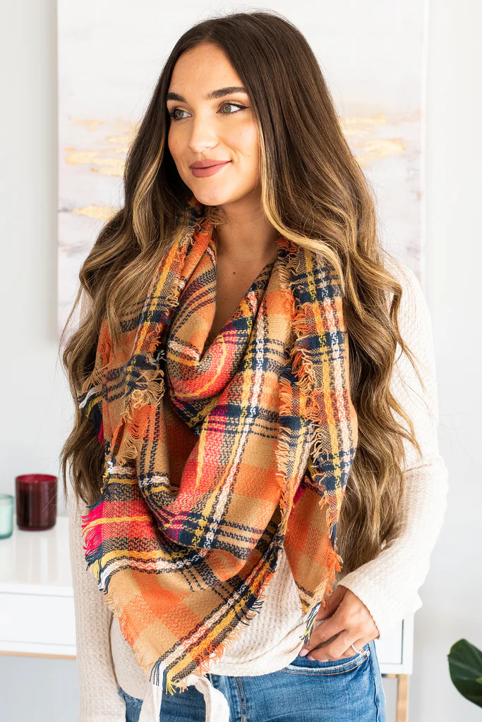 Autumn Air Orange Plaid Blanket Scarf | The Mint Julep Boutique