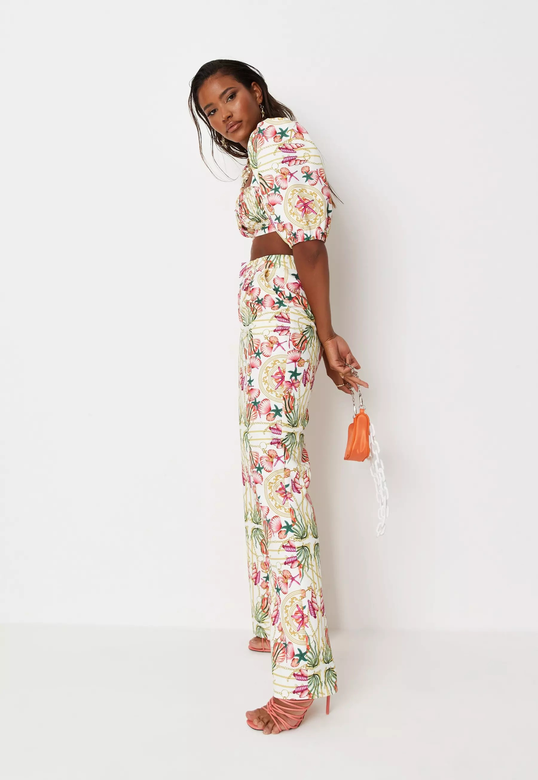White Tropical Chain Print Tailored Straight Leg Trousers | Missguided (UK & IE)