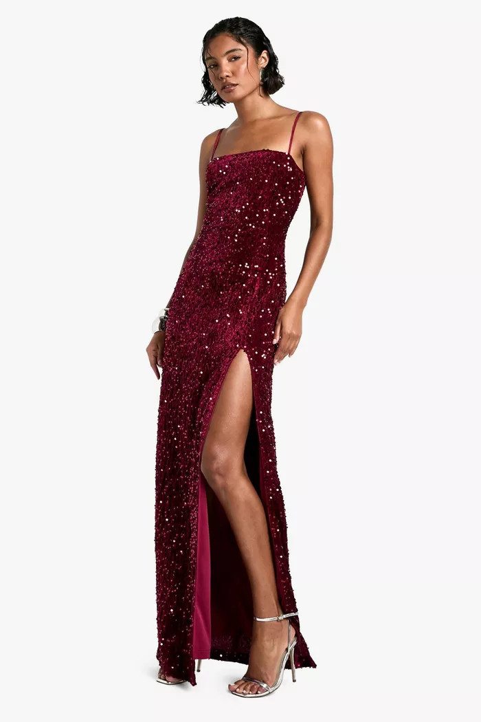 Tall Velvet Sequin Square Neck Maxi Dress | boohoo (US & Canada)