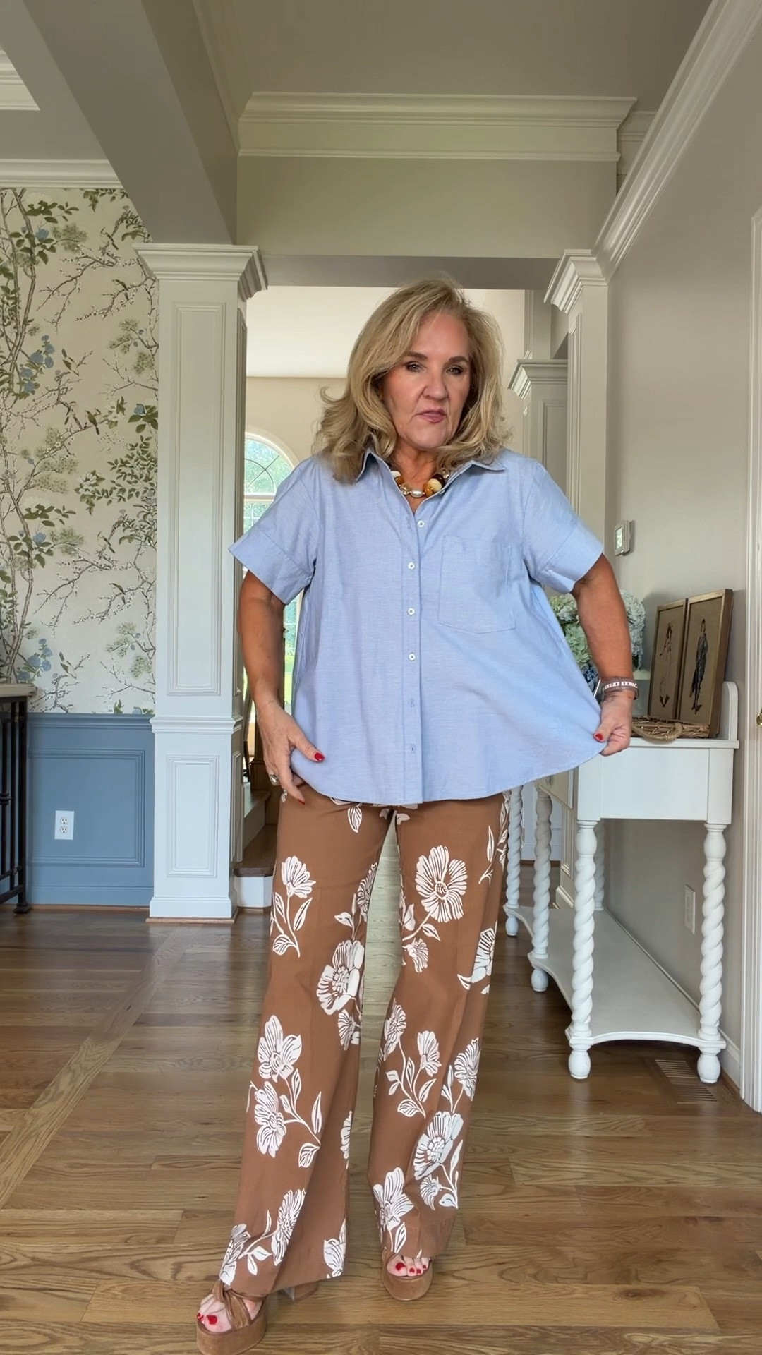 New top from anthro wearing a small petite 
Floral Colette pants size 29 reg they do come in a petite

#LTKOver40 #LTKMidsize #LTKootd