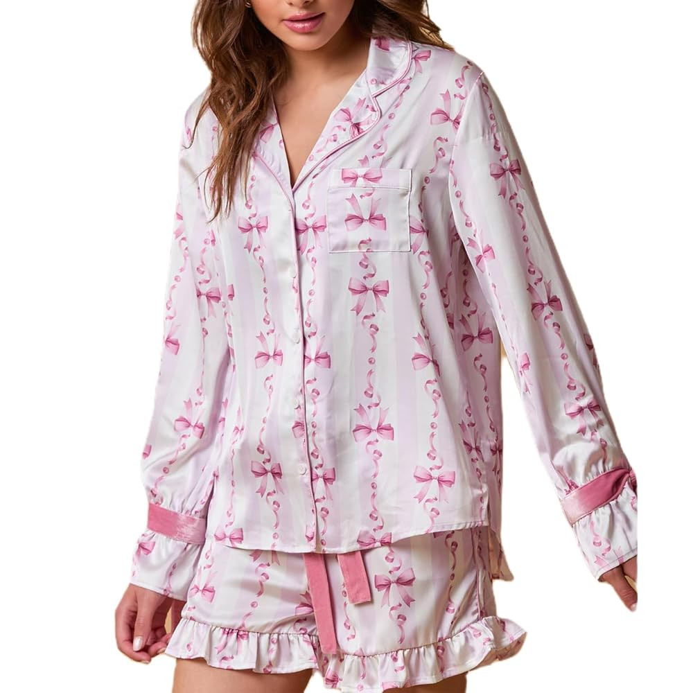 KOSUSANILL Valentine's Day Pajamas for Women 2 Piece Bow Pajama Set Tie Cuff Long Sleeve Cute But... | Amazon (US)