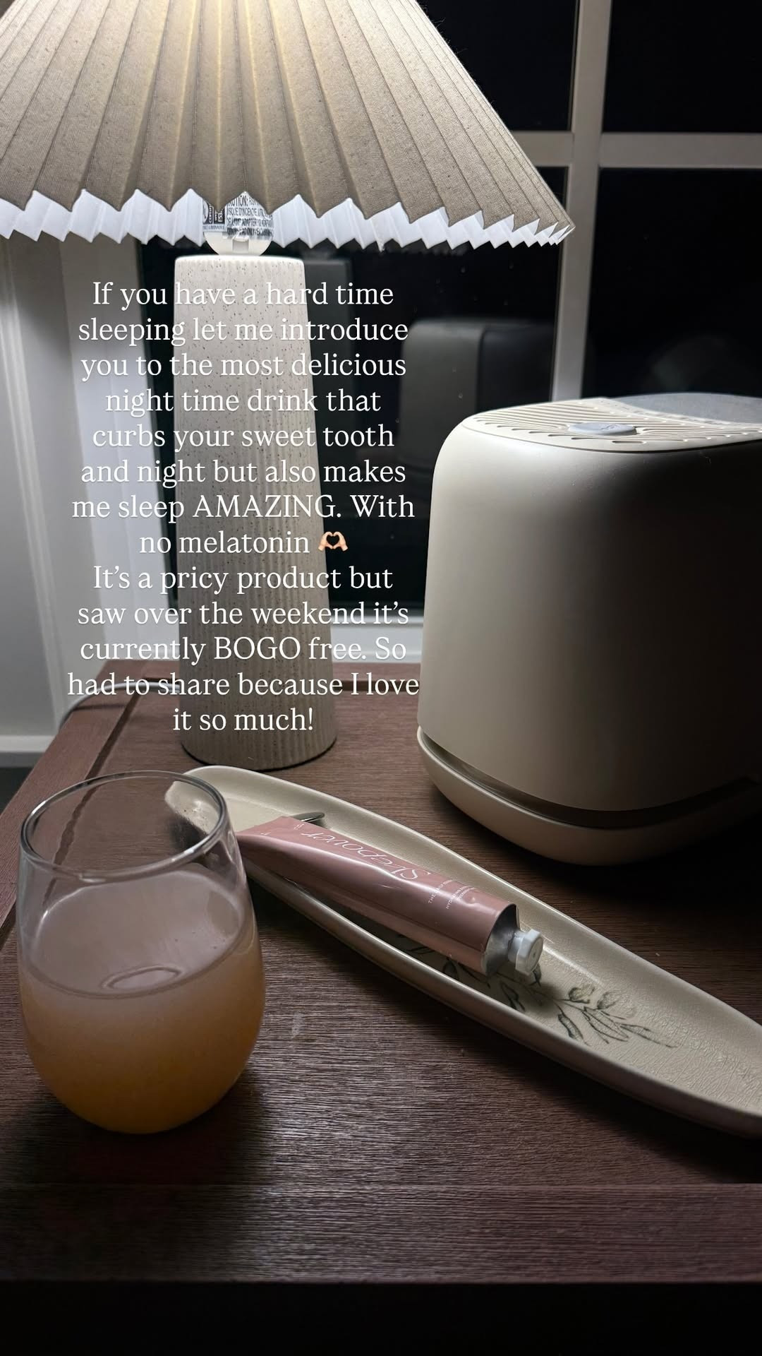 View of my nightstand! Bedside humidifier, my favorite lamp, and a bedtime mask that is SO good for your skin.  

 #LTKdayinmylife