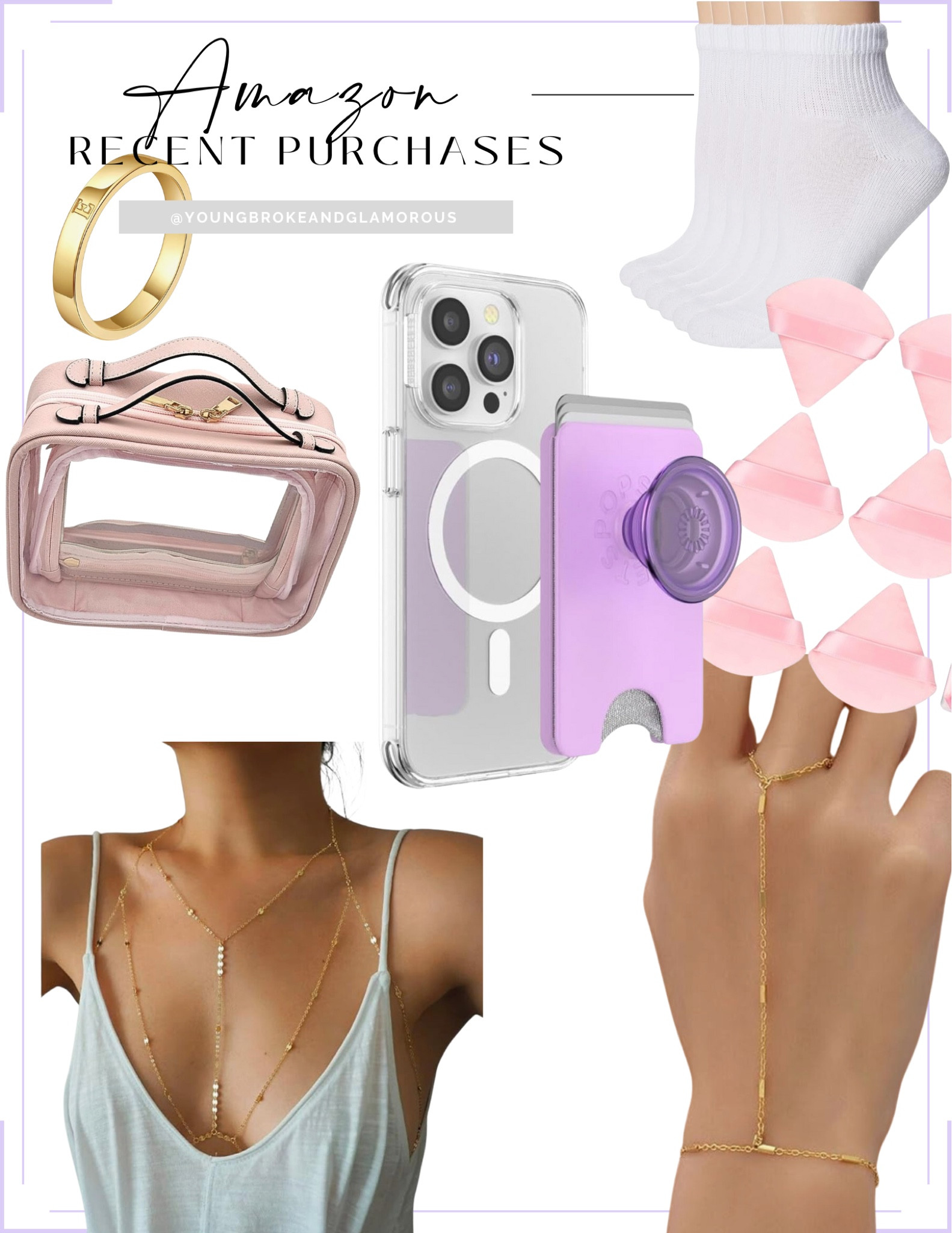 My recent Amazon orders! 🤩🛍️

Crewneck socks (gen z approved)

Dainty gold initial ring - I ordered one with my initial and one with my boyfriend’s :)

Travel makeup case in PINK 💖- this is an exact dupe of one being sold by Calpak for $100! I love this for travel makeup because the compartments are separated and the clear case makes everything easy to see

Popsocket wallet in Purple 💜 - the new MagSafe design from Popsockets have changed the game!! Now I can easily remove my Popsocket when I want to use my iPhone with a tripod or change up the design. I bought this wallet design so it can have easy access to my cards at the airport or a night out

Hand chain - I’ve always loved the look of these dainty jewelry pieces and lately I’ve seen them trending. Before I commit to a higher end one that won’t tarnish I’m trying out some affordable ones from Amazon first!

Body chain bralette - I LOVE a body chain for the beach (and everyday wear 😉) and this one will look so cute paired with a bikini or crop top!

Powder puff triangles - this is such a good deal because all of the powder puffs I’ve seen sold individually are the same price for one. I bought these to try out with applying translucent powder. They also come in pink so what’s not to love!

#LTKFindsUnder50 #LTKStyleTip
